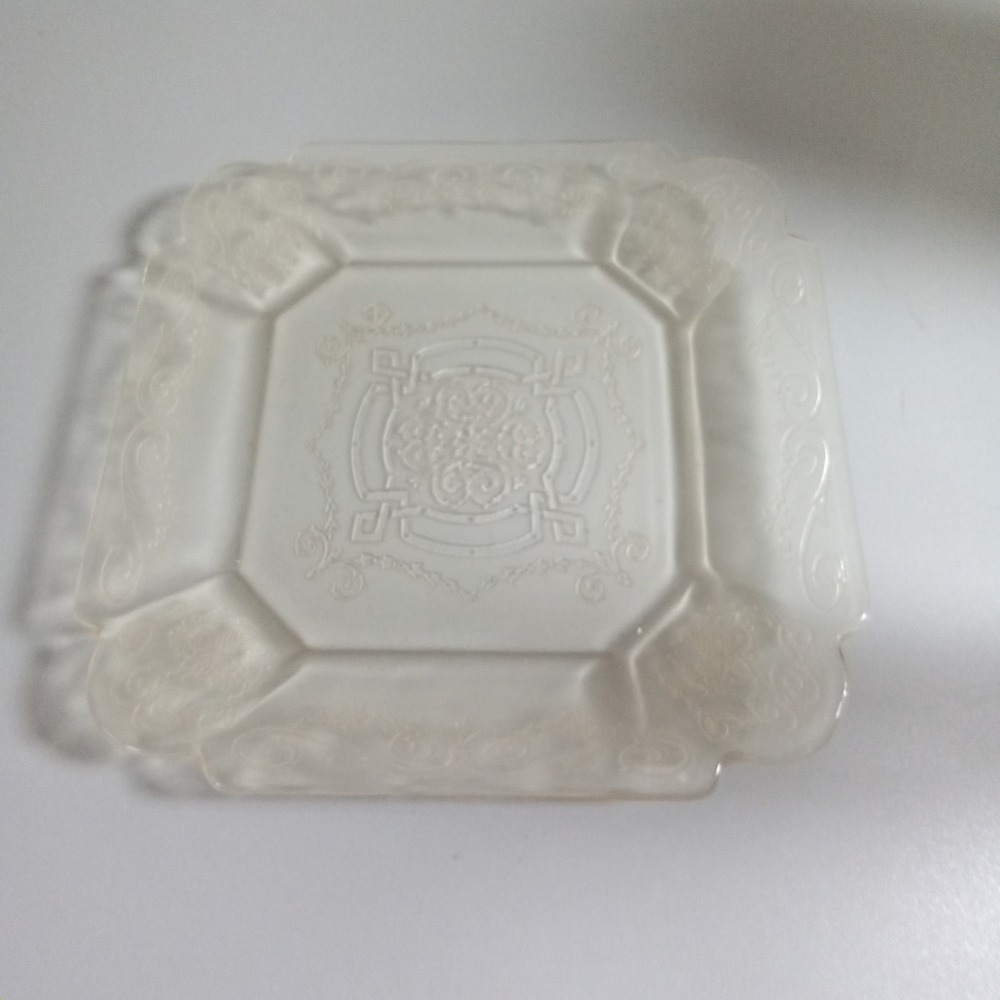 Vintage Frosted Depression Glass Square Plate Medallion Scroll Scalloped 8.5in